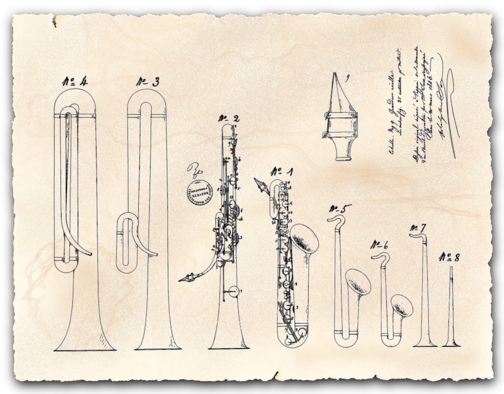 Saxophone patent diagram showing all eight original saxophones